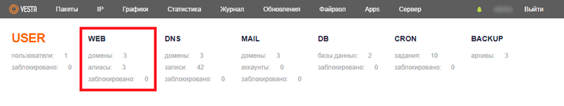 Раздел WEB панели управления VestaCP